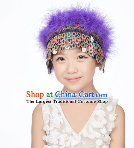 Professional China Mongolian Ethnic Dance Purple Feather Headdress Girl Stage Performance Hair Crown Mongol Nationality Dance Hair Accessories