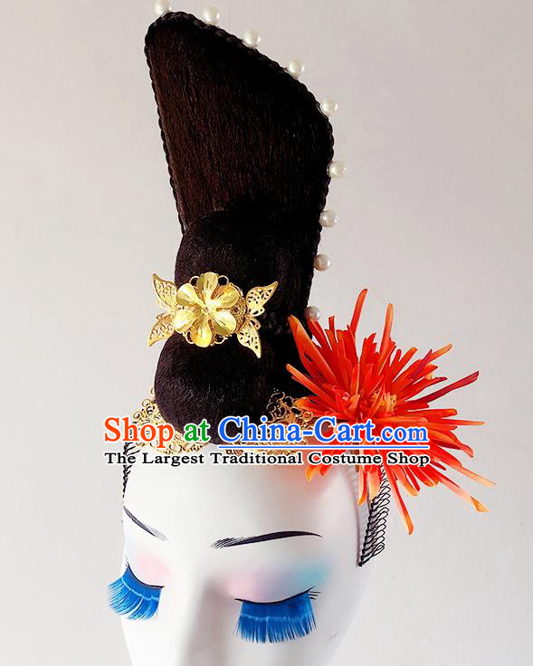 Handmade Chinese Woman Solo Dance Wigs Chignon Classical Dance Hair Accessories Stage Performance Hairpiece
