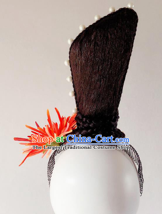 Handmade Chinese Woman Solo Dance Wigs Chignon Classical Dance Hair Accessories Stage Performance Hairpiece