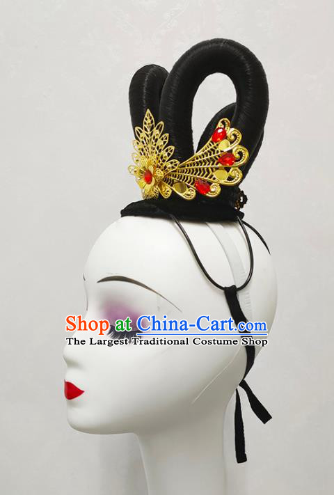 Handmade Chinese Stage Performance Hairpieces Woman Flying Apsaras Dance Wigs Chignon Classical Dance Hair Accessories