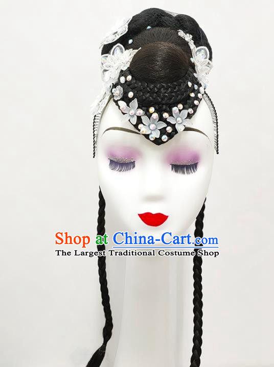 Handmade Chinese Classical Dance Hair Accessories Fan Dance Headpieces Stage Performance Wigs Chignon