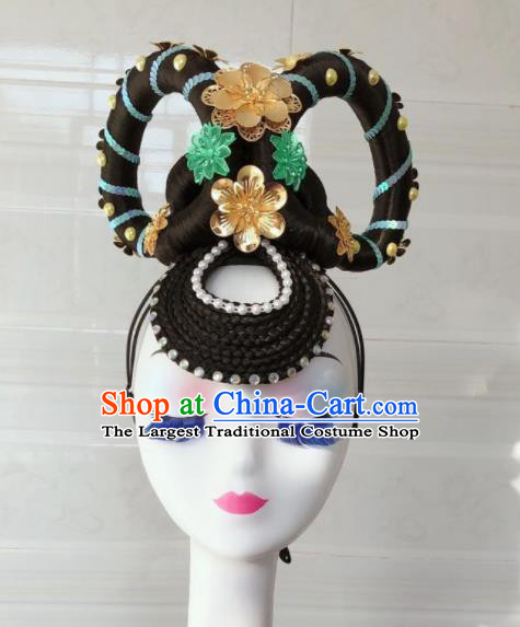 Handmade Chinese Flying Fairy Dance Hairpieces Classical Dance Wigs Chignon Dunhuang Apsaras Dance Hair Accessories