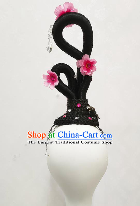 Chinese Woman Peach Blossom Dance Wigs Chignon Spring Festival Gala Stage Performance Hair Accessories Classical Dance Hairpieces