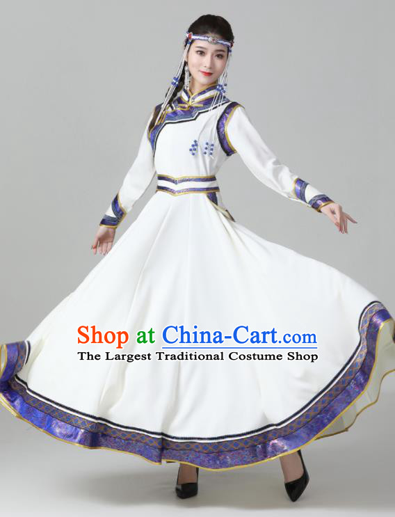 China Mongolian Performance White Dress Mongol Nationality Dance Clothing Woman Group Dance Garment Ethnic Costumes