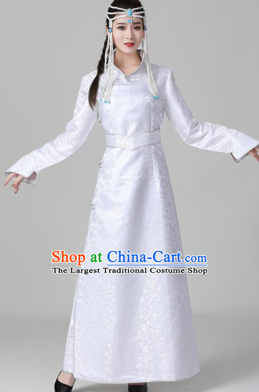 China Mongolian Performance Long Robe Mongol Nationality Folk Dance Clothing Woman Group Dance Garment Ethnic White Brocade Dress