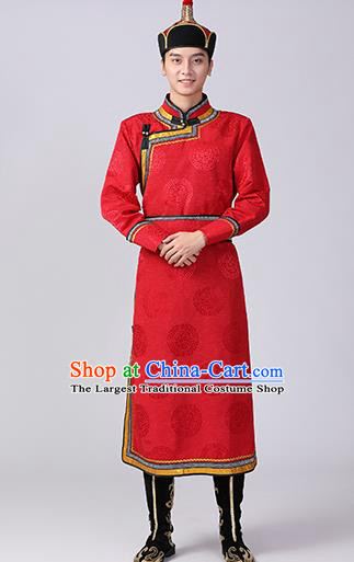 Chinese Mongolian Ethnic Male Garment Costume Minority Stage Performance Clothing Mongol Nationality Dance Red Robe
