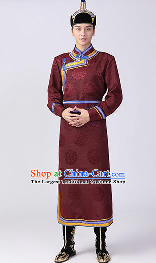 Chinese Mongolian Ethnic Dance Garment Costume Minority Folk Dance Clothing Mongol Nationality Male Performance Brownish Red Robe