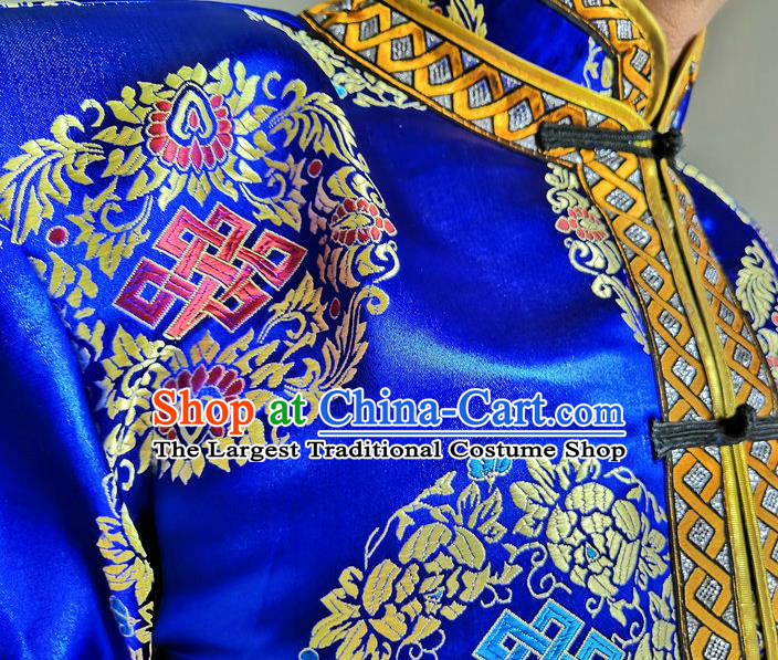 Chinese Mongolian Male Upper Outer Garment Ethnic Costume Minority Performance Clothing Mongol Nationality Folk Dance Blue Brocade Shirt