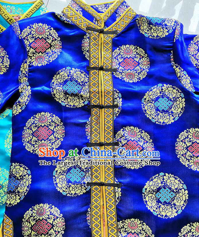 Chinese Mongolian Male Upper Outer Garment Ethnic Costume Minority Performance Clothing Mongol Nationality Folk Dance Blue Brocade Shirt