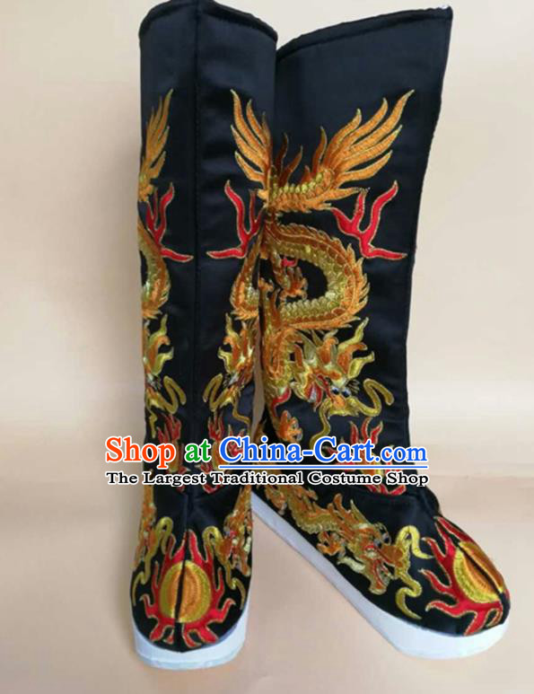 Chinese Handmade Imperial Black Satin Boots Sichuan Opera Embroidered Dragon Shoes Ancient Emperor Shoes Beijing Opera King Shoes