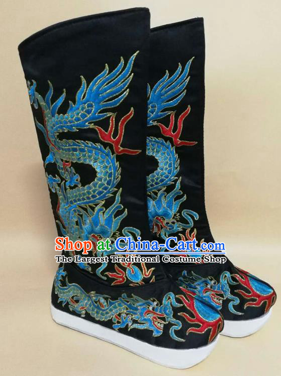 Chinese Sichuan Opera Shoes Ancient King Shoes Beijing Opera Emperor Shoes Handmade Embroidered Dragon Black Satin Boots