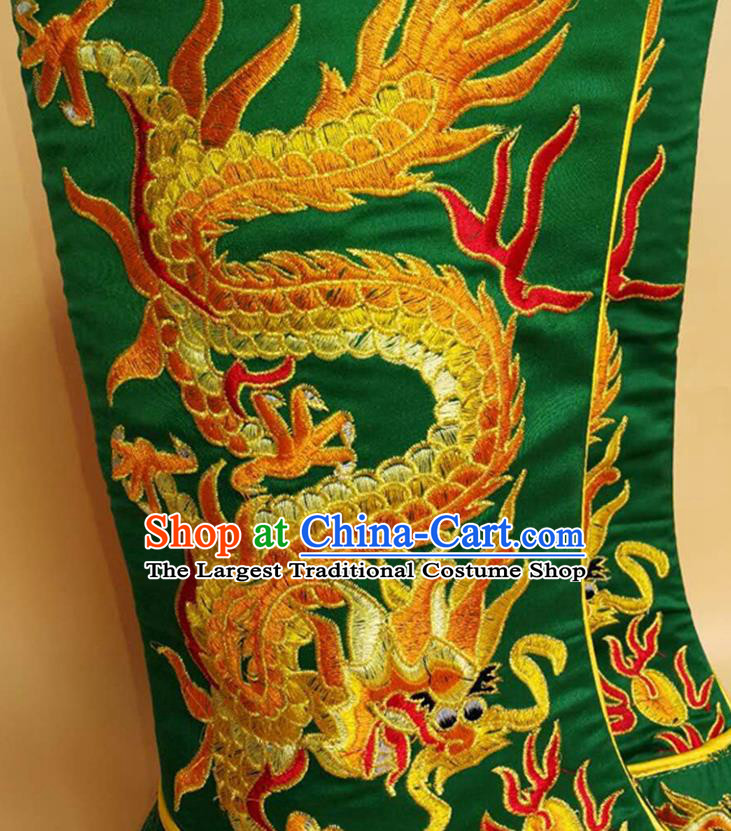 Chinese Embroidered Dragon Green Satin Boots Sichuan Opera Shoes Ancient King Shoes Handmade Beijing Opera Emperor Shoes