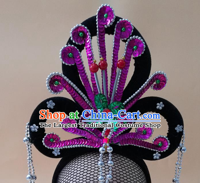 Chinese Ancient Fairy Headpieces Beijing Opera Hua Tan Wigs Chignon Headdress Peking Opera Diva Purple Phoenix Hair Accessories