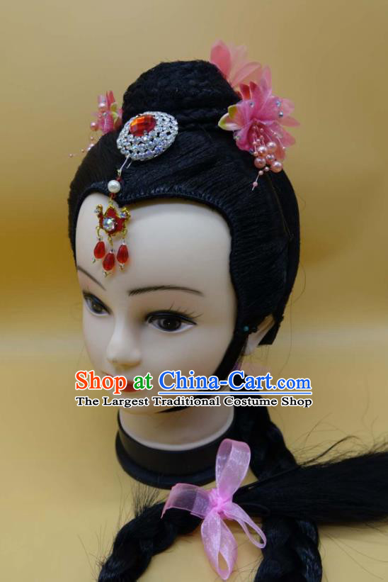 Chinese Beijing Opera Xiaodan Headdress Ancient Servant Lady Hairpieces Peking Opera Country Girl Wigs Headwear