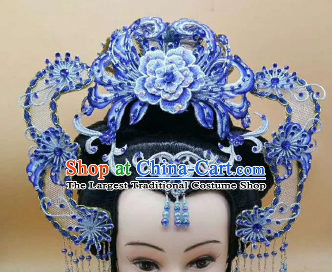 Chinese Peking Opera Empress Blue Hair Crown Beijing Opera Hua Tan Headdress Ancient Queen Phoenix Coronet