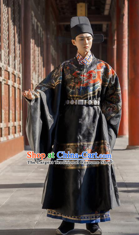 China Ancient Official Garment Costume Traditional Ming Dynasty Male Wedding Clothing Black Long Robe