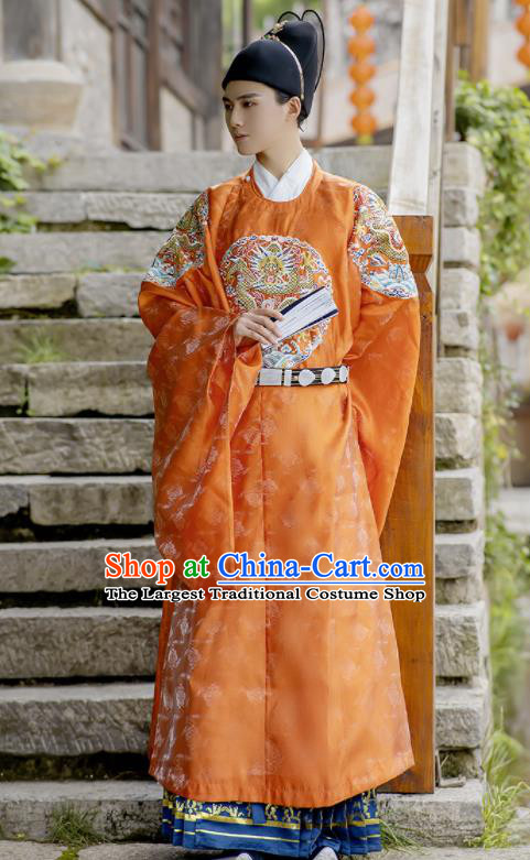 China Traditional Ming Dynasty Wedding Clothing Orange Imperial Robe Ancient Emperor Garment Costume for Men