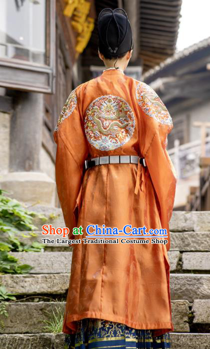 China Traditional Ming Dynasty Wedding Clothing Orange Imperial Robe Ancient Emperor Garment Costume for Men
