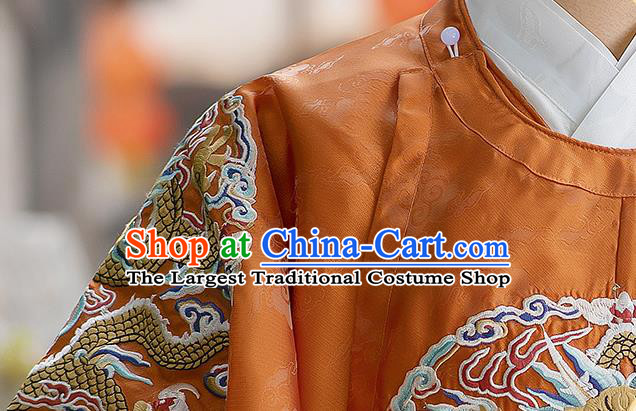 China Traditional Ming Dynasty Wedding Clothing Orange Imperial Robe Ancient Emperor Garment Costume for Men