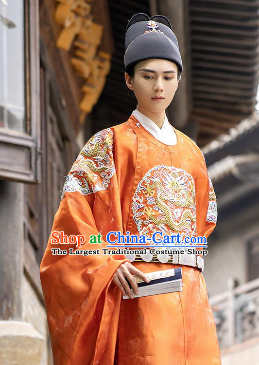 China Traditional Ming Dynasty Wedding Clothing Orange Imperial Robe Ancient Emperor Garment Costume for Men