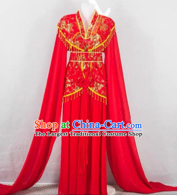 China Beijing Opera Actress Red Water Sleeve Dress Huangmei Opera Diva Garment Ancient Fairy Clothing Peking Opera Hua Tan Costume