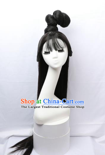 Chinese Jin Dynasty Royal Princess Hairpieces Traditional Hanfu Court Beauty Blunt Bangs Wigs Chignon Ancient Fairy Headdress