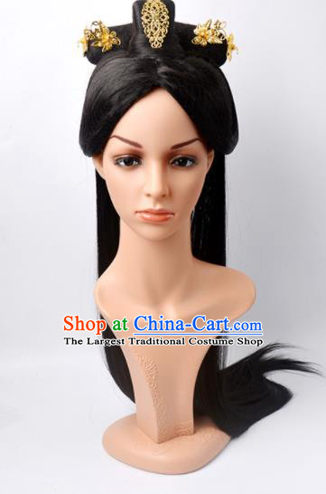 Chinese Ancient Court Woman Headdress Qin Dynasty Empress Hairpieces Traditional Drama Legend of Mi Yue Queen Wigs Chignon