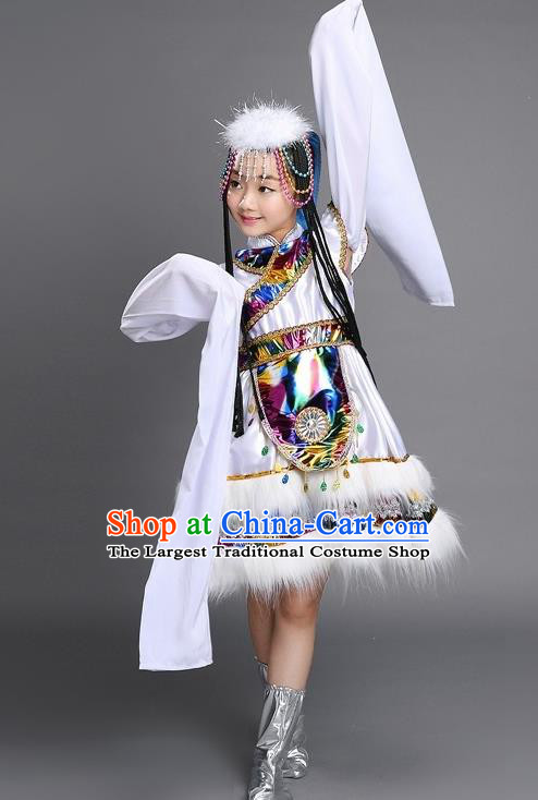 Chinese Zang Nationality Girls Clothing Ethnic Children Folk Dance Garments Tibetan Minority Performance White Dress