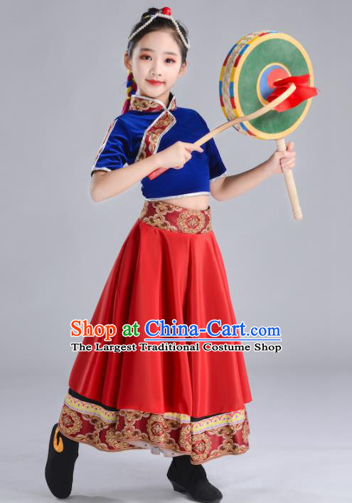 Chinese Zang Nationality Folk Dance Clothing Ethnic Children Stage Performance Garments Tibetan Minority Girl Red Dress and Hair Accessories