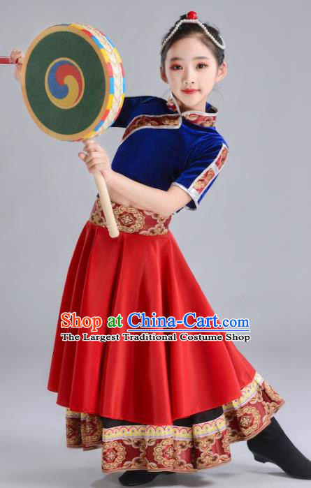 Chinese Zang Nationality Folk Dance Clothing Ethnic Children Stage Performance Garments Tibetan Minority Girl Red Dress and Hair Accessories