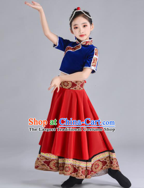 Chinese Zang Nationality Folk Dance Clothing Ethnic Children Stage Performance Garments Tibetan Minority Girl Red Dress and Hair Accessories