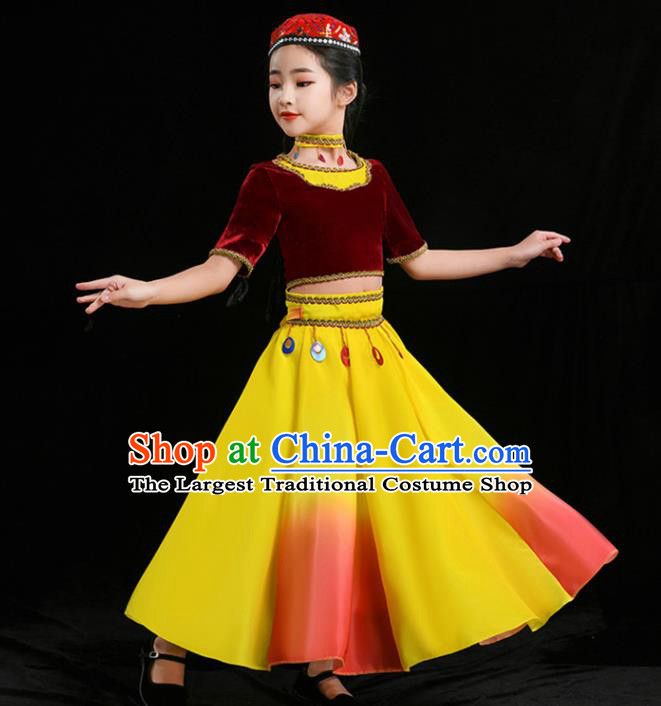 Chinese Uighur Nationality Folk Dance Clothing Xinjiang Ethnic Children Stage Performance Garments Uyghur Minority Girl Red Outfits
