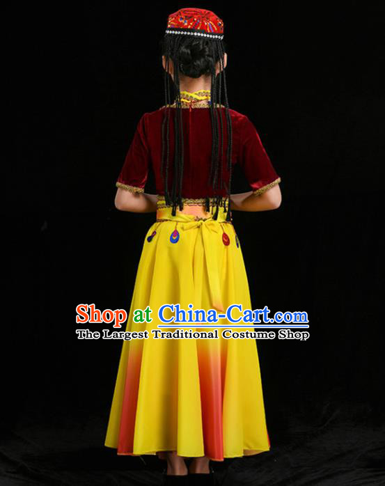 Chinese Uighur Nationality Folk Dance Clothing Xinjiang Ethnic Children Stage Performance Garments Uyghur Minority Girl Red Outfits