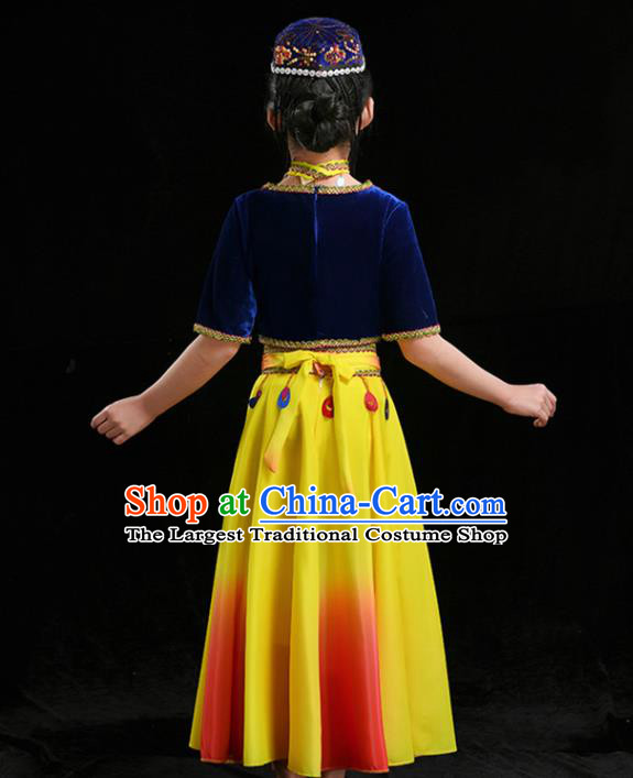 Chinese Uyghur Minority Girl Blue Velvet Outfits Uighur Nationality Folk Dance Clothing Xinjiang Ethnic Children Stage Performance Garments