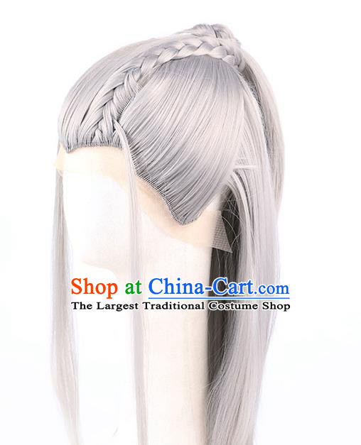 Chinese Traditional Cosplay Swordsman Headdress Ancient Knight Hairpieces Handmade Ming Dynasty Grey Front Lace Wigs