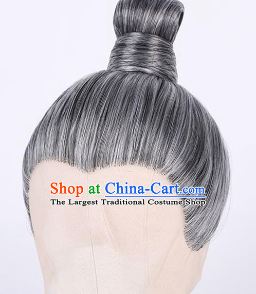 Chinese Handmade Tang Dynasty Milord Grey Front Lace Wigs Traditional Cosplay Official Headdress Ancient Elderly Male Hairpieces