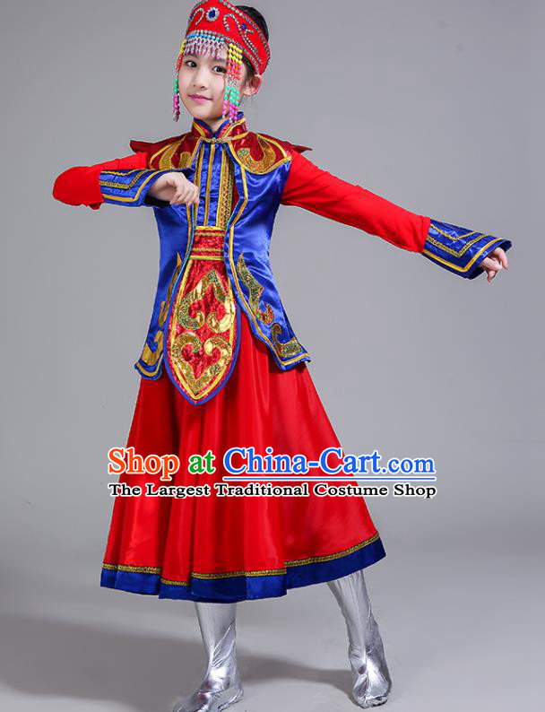 Chinese Mongolian Minority Girl Red Dress Outfits Mongol Nationality Folk Dance Clothing Ethnic Children Stage Performance Garments
