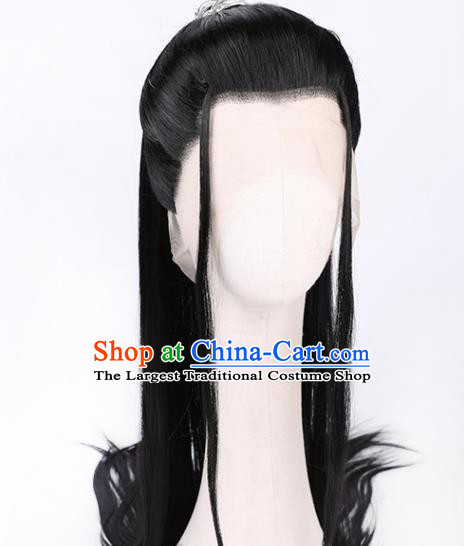 Chinese Handmade Jin Dynasty Knight Black Front Lace Wigs Traditional Cosplay Swordsman Headdress Ancient Young Childe Hairpieces