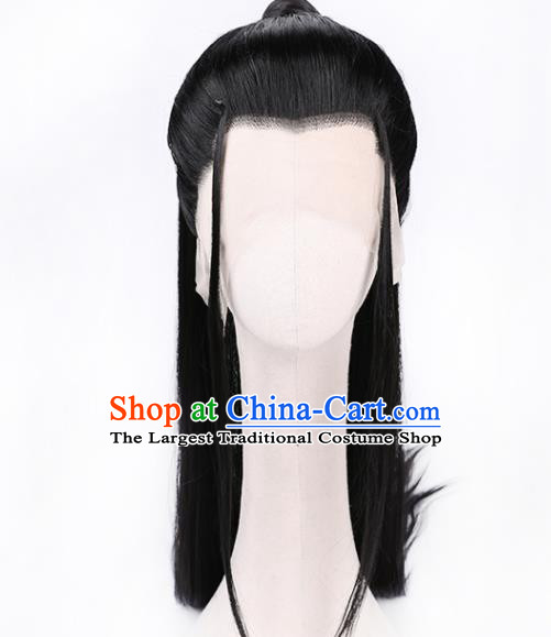 Chinese Handmade Jin Dynasty Knight Black Front Lace Wigs Traditional Cosplay Swordsman Headdress Ancient Young Childe Hairpieces