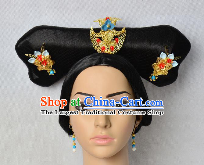Chinese Qing Dynasty Palace Lady Hairpieces Traditional Drama Empresses in the Palace Wigs Chignon Ancient Court Maid Headdress
