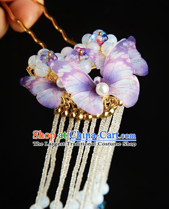 Chinese Ming Dynasty Palace Lady Purple Butterfly Hairpin Traditional Hanfu Hair Accessories Ancient Princess Tassel Hair Stick