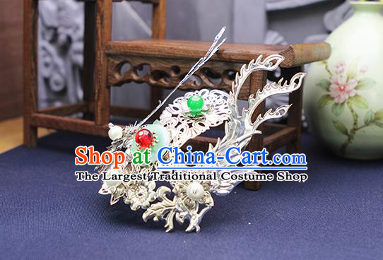 Chinese Ming Dynasty Argent Phoenix Hairpin Traditional Hanfu Hair Accessories Ancient Swordswoman Hair Comb
