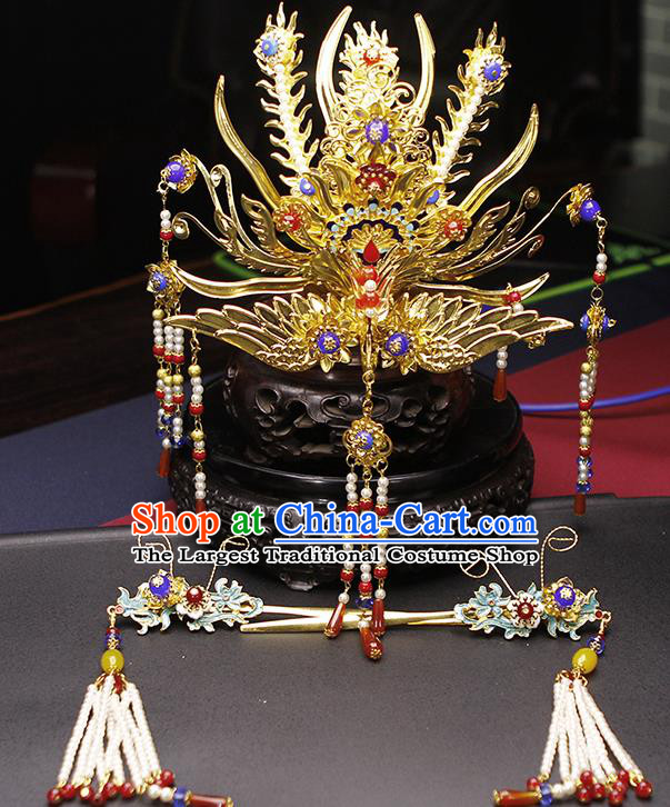 Chinese Ancient Empress Hair Crown and Tassel Hairpins Ming Dynasty Phoenix Coronet Traditional Hanfu Wedding Hair Accessories