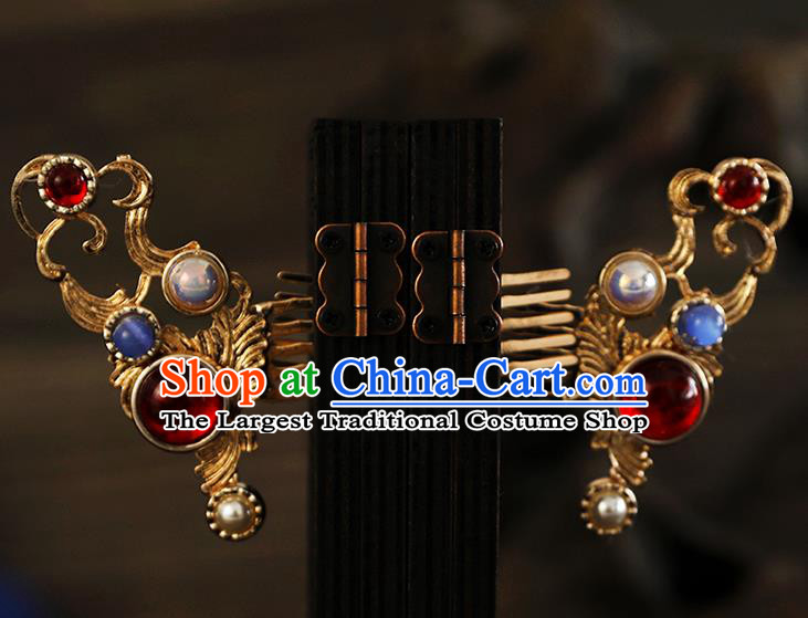 Chinese Ancient Bride Headpieces Ming Dynasty Golden Hair Comb and Hairpins Traditional Hanfu Wedding Hair Accessories