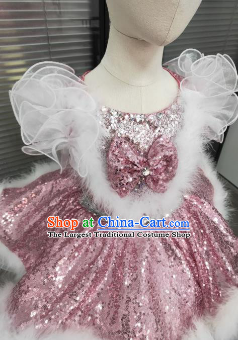 Professional Children Modern Dance Fashion Compere Pink Bubble Dress Girl Catwalks Clothing Stage Performance Garment