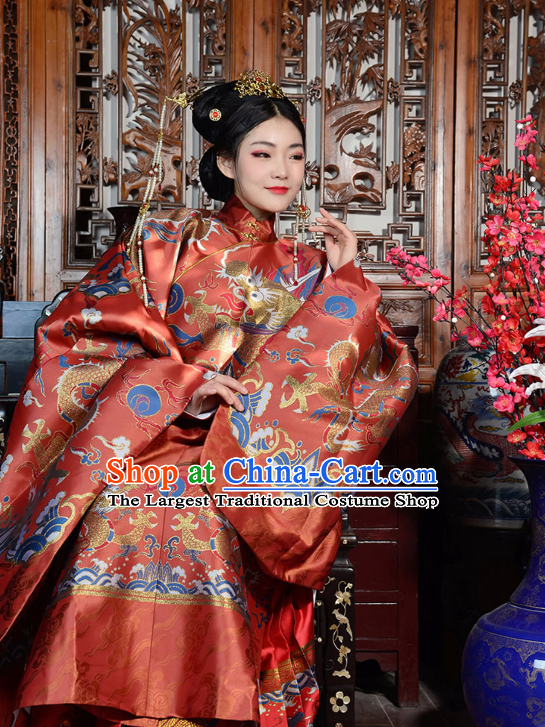 Gold Red Top Chinese Ancient Imperial Wedding Dresses Ming Dynasty Queen Garments for Women
