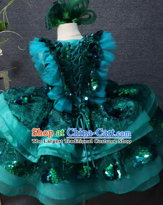 Top Children Stage Show Clothing Girl Dance Performance Garment Catwalks Green Flowers Bubble Dress Christmas Formal Evening Wear
