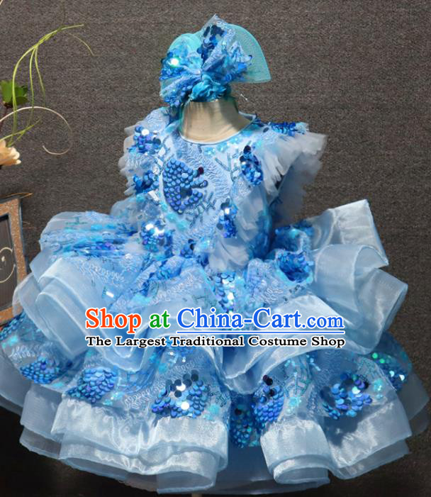 Top Christmas Formal Evening Wear Children Stage Show Clothing Girl Dance Performance Garment Catwalks Blue Sequins Bubble Dress