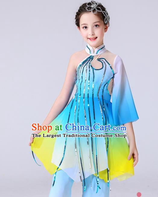 China Girl Stage Performance Dancewear Umbrella Dance Clothing Lotus Dance Blue Outfits Children Classical Dance Costumes