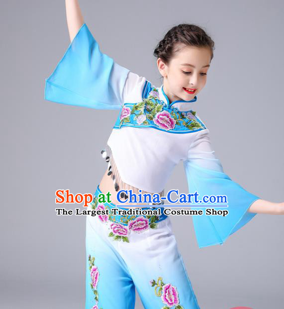 Chinese Yangge Performance Clothing Children Yangko Dance Blue Uniforms Folk Dance Costumes Girl Fan Dance Dress